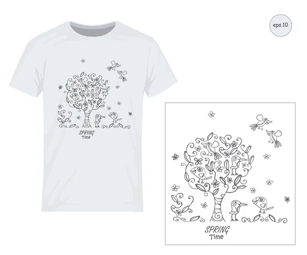 Árvore, pássaro, natureza, doodle. Design de vetores para impressão em camisetas — Vetor de Stock