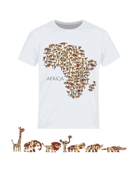 Χάρτης της Αφρικής με άγρια ζώα. Διανυσματική σχεδίαση για εκτύπωση σε μπλουζάκια — Διανυσματικό Αρχείο