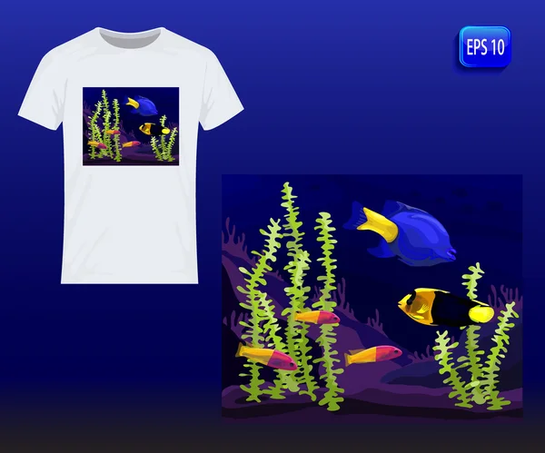 바다, 수 중, 열 대 물고기입니다. T-셔츠에 인쇄에 대 한 벡터 디자인 — 스톡 벡터