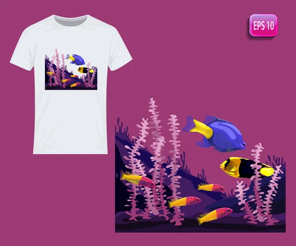 Mar, subaquático, peixes tropicais. Design de vetores para impressão em camiseta — Vetor de Stock