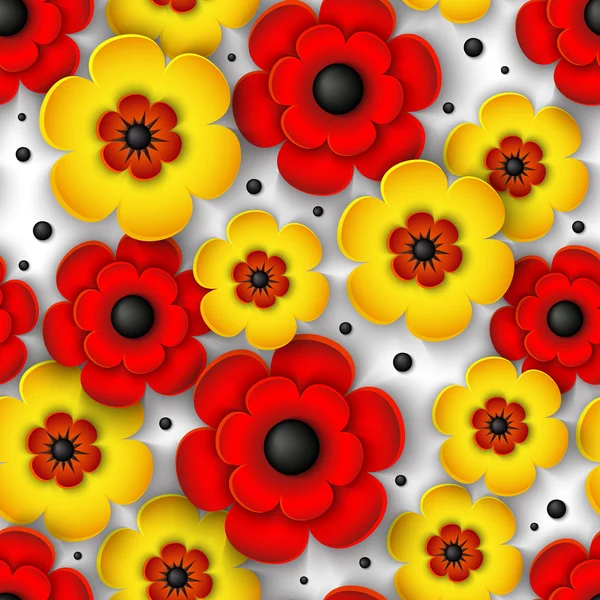 3d-inconsútil-patrón-con-amarillo-y-rojo-flores-en-un-blanco-fondo — Archivo Imágenes Vectoriales