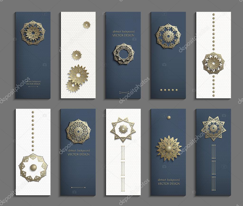 Set of business cards with gold 3d emblems. Elegant abstract composition, creative round shape icon, vertical flyer, banner in golden, navy blue and white tones. Vector EPS10