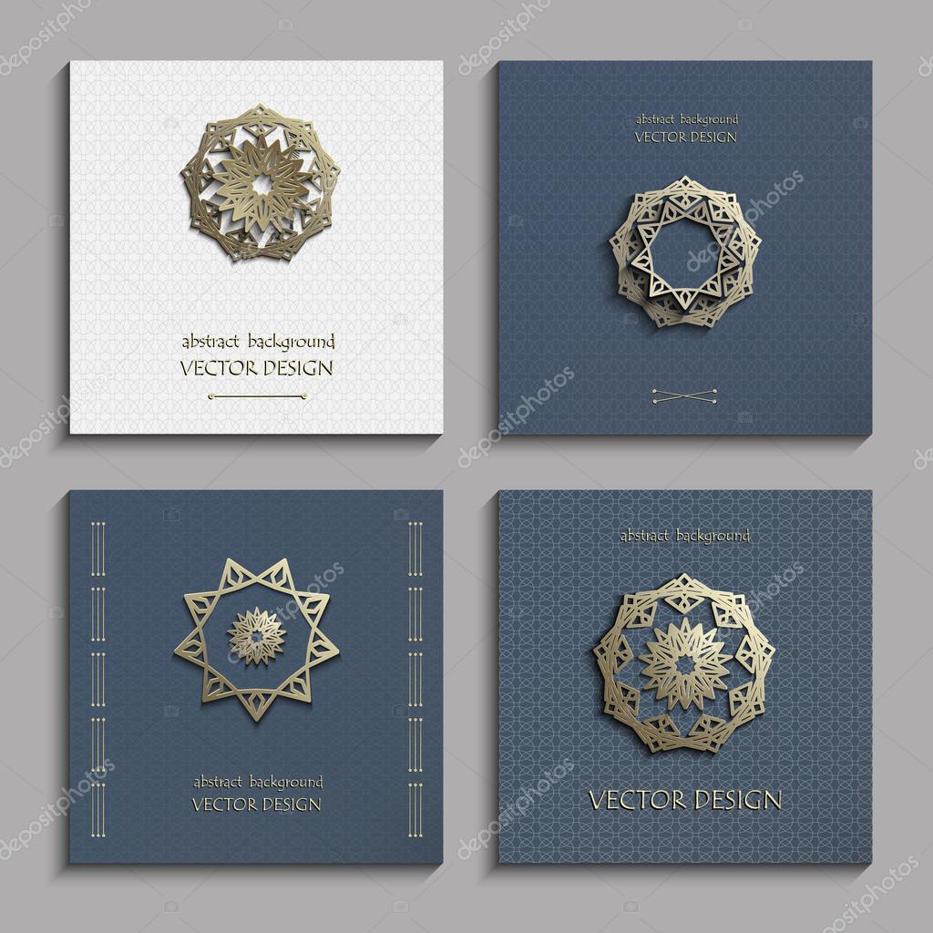 Set of business cards with gold 3d emblems. Elegant abstract composition, creative round shape icon, vertical flyer, banner in golden, navy blue and white tones. Vector EPS10