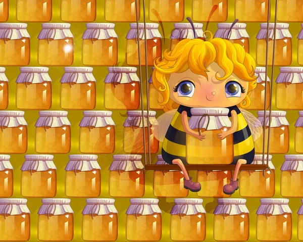蜂蜜の瓶と蜂 — ストックベクタ