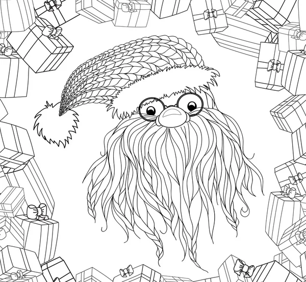Weihnachtsmann-Bart-Brille-Mütze-Geschenke — Stockvektor