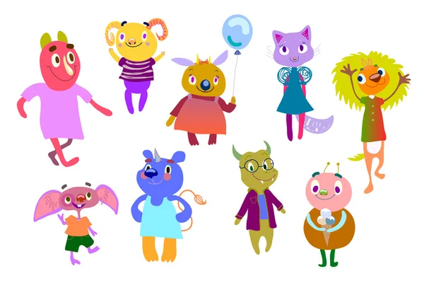 Set-of-bright-colored-funny-monsters — 스톡 벡터