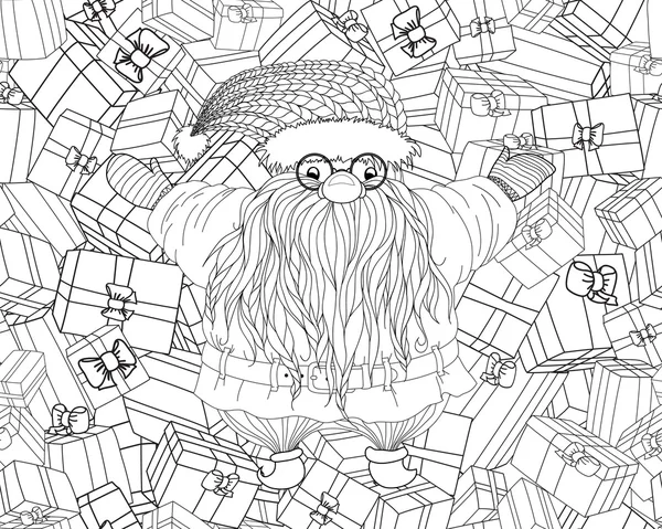 Santa-Claus-barba-gafas-gorra-regalos — Vector de stock