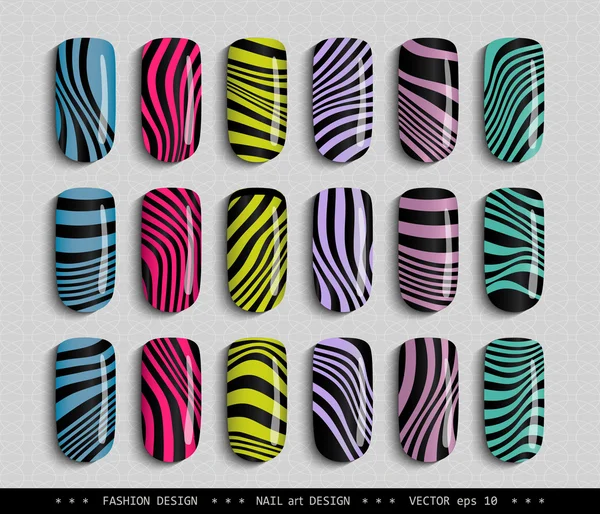 Nail-art-design-zebra listrada colorida — Vetor de Stock
