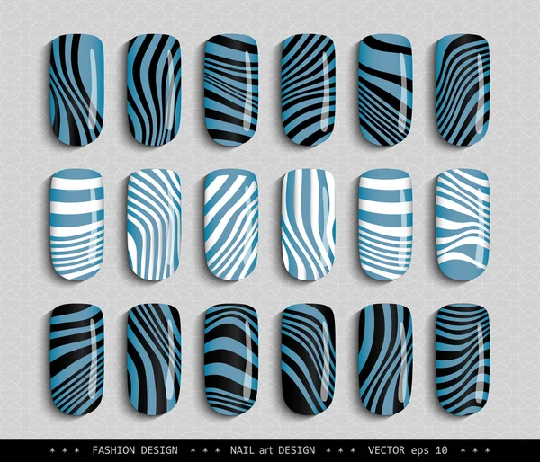 Nail-Art-Design-Blue-Black-White-Striped-Zebra — Stockvector