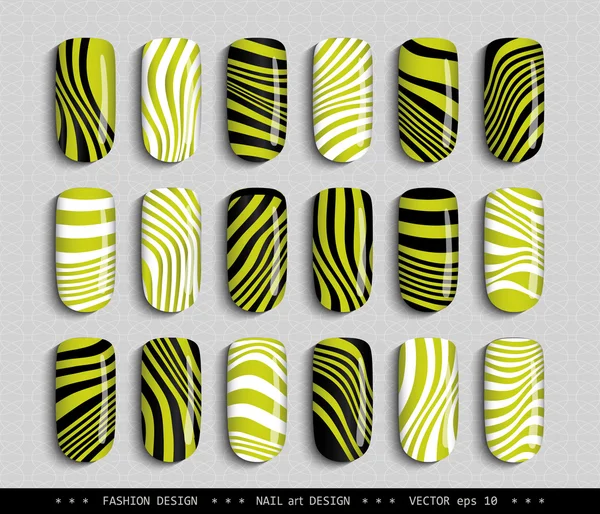 Nagel-Art-Design-gelb-schwarz-weiß-gestreift-Zebra — Stockvektor