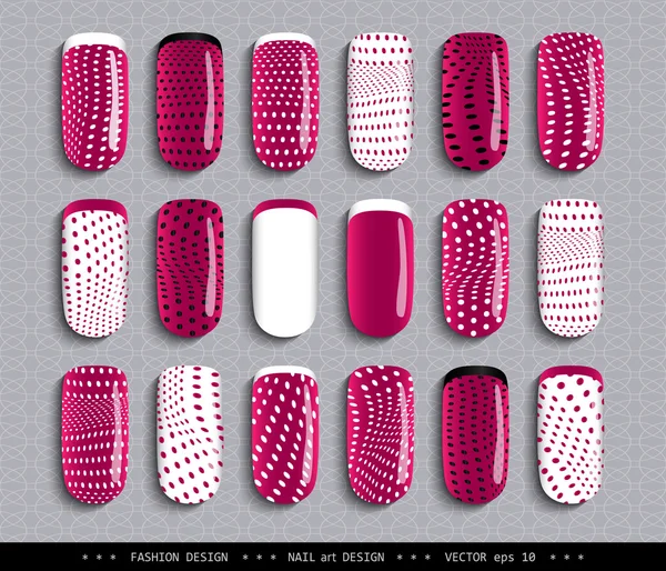 Nail-design-lampone-nero-bianco-puntini-modello — Vettoriale Stock