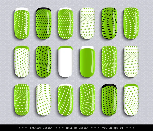 Nail-Design-Green-black-white-dots-pattern — Vettoriale Stock