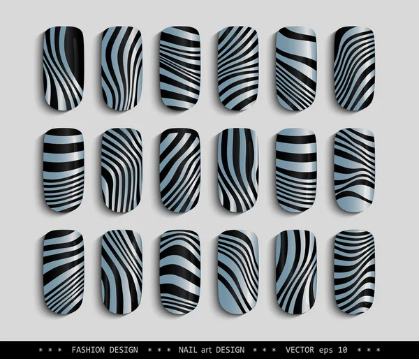 Nageldesign-schwarz-weiß-blau-metallic-gestreift-zebra — Stockvektor