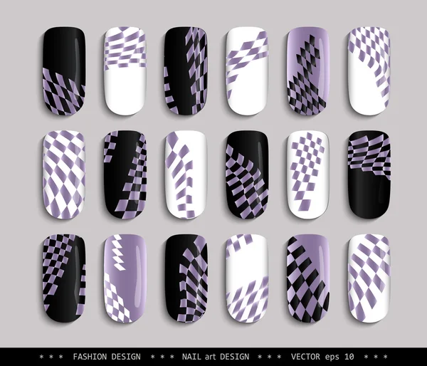 Nail-Design-Black-White-Lavender-Checkered-Distorted — Stok Vektör