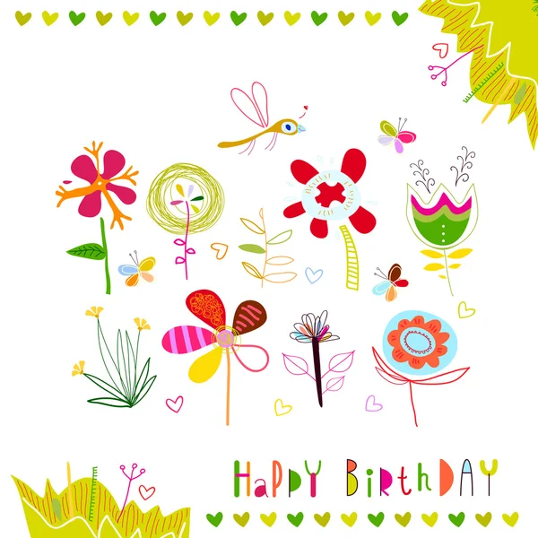 Happy-Birthday-Set-multicolored-abstract-flowers — ストックベクタ