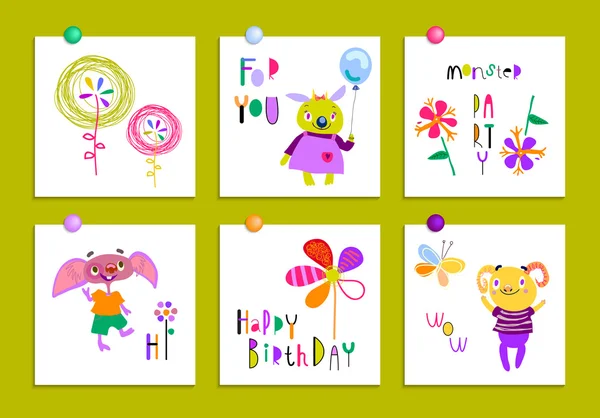 Set-card-birthday-party-funny-monsters-flowers-humor. — ストックベクタ