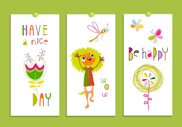 Set-Card-Birthday-Party-Funny-Monsters-Flowers-Humor — Image vectorielle