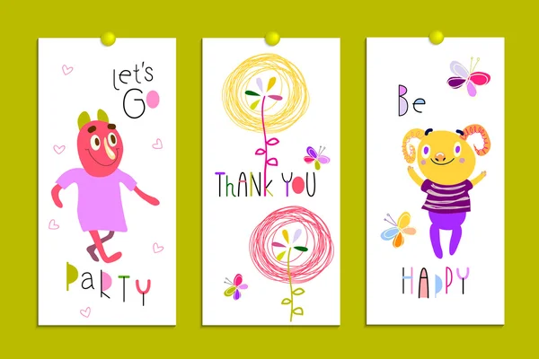 Set-card-birthday-party-funny-monsters-flowers-humor — ストックベクタ