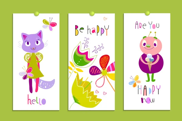 Set-Card-Birthday-Party-Funny-Monsters-Flowers-humor — Wektor stockowy