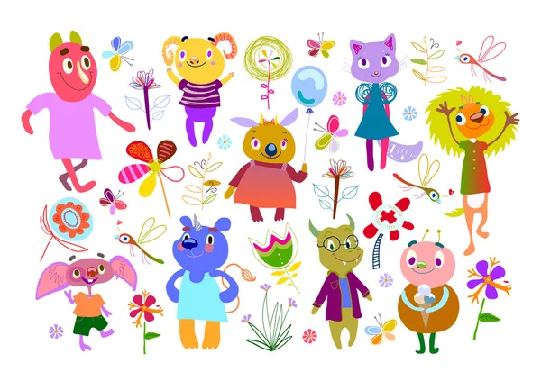 Monster-flowers-butterflies-dragonfly-set-cute-fun-colorful-vector — ストックベクタ