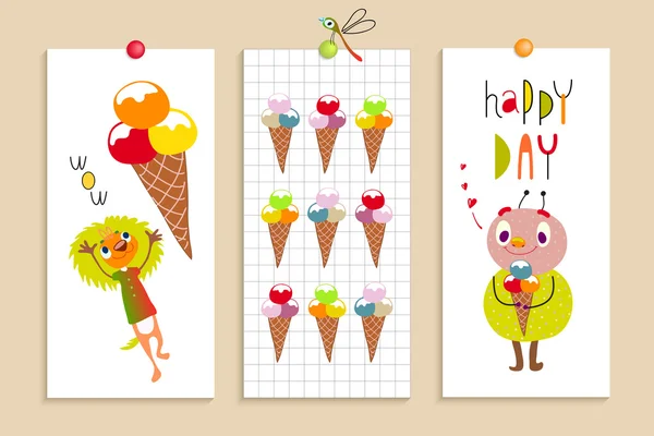 Set-Card-Birthday-Party-Funny-Monsters-Ice krem humor — Wektor stockowy