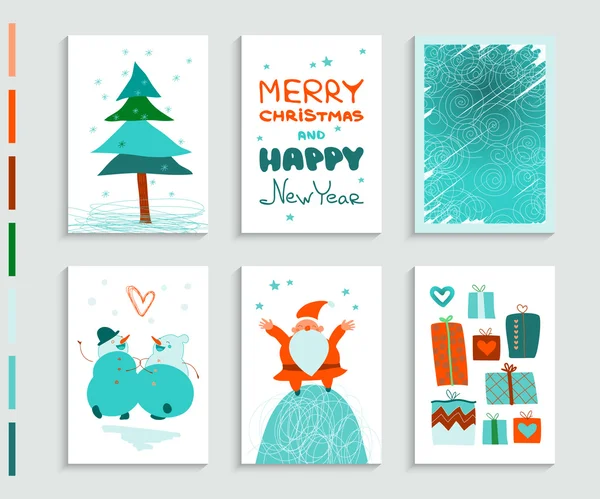 Greeting-card-Merry-Christmas-and-Happy-New-Year-Santa-Claus-Christmas-tree-snowmen-gifts-winter-abstract-background — Stok Vektör