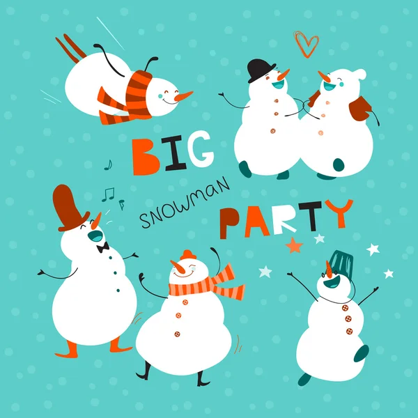 Big-party-Card-or-flyer-for-your-holiday-with-dancing-fun-snowmen — Stockvector