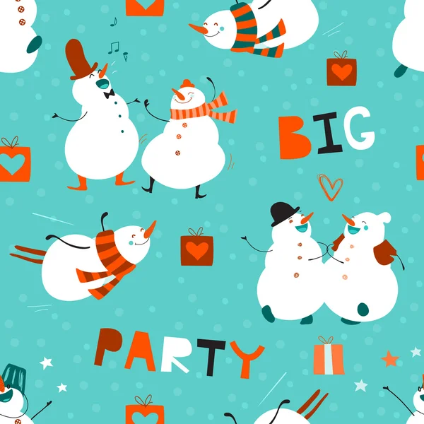 Seamless-pattern-Big-party-Set-of-funny-dancing-snowmen — Stock vektor