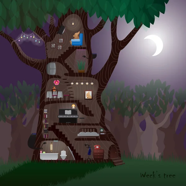 Casa de criaturas fantásticas Wek na árvore —  Vetores de Stock