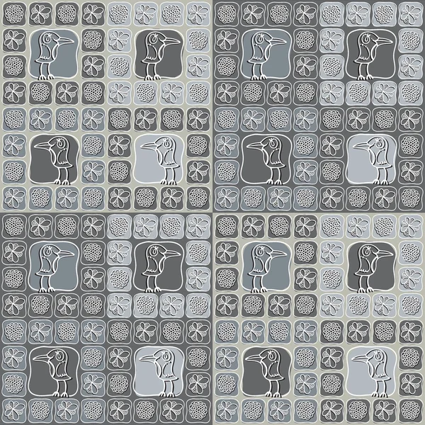 花、鳥、正方形のシームレスなパターン — ストックベクタ