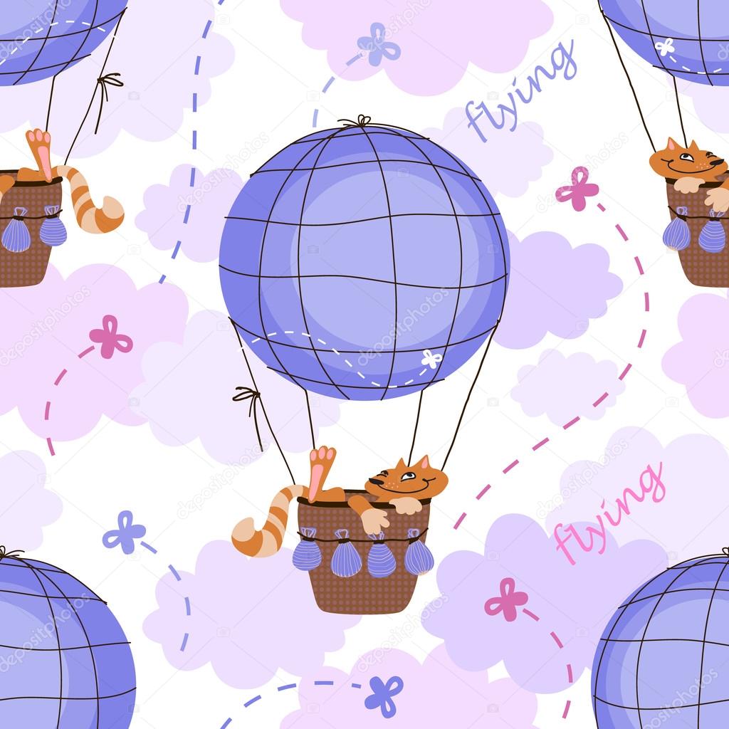 Cats flying on air balloon, seamless pattern
