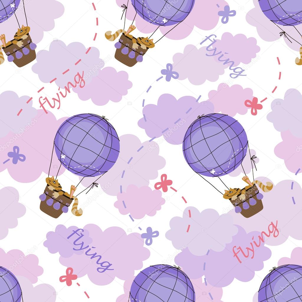 Cats flying on air balloon, seamless pattern