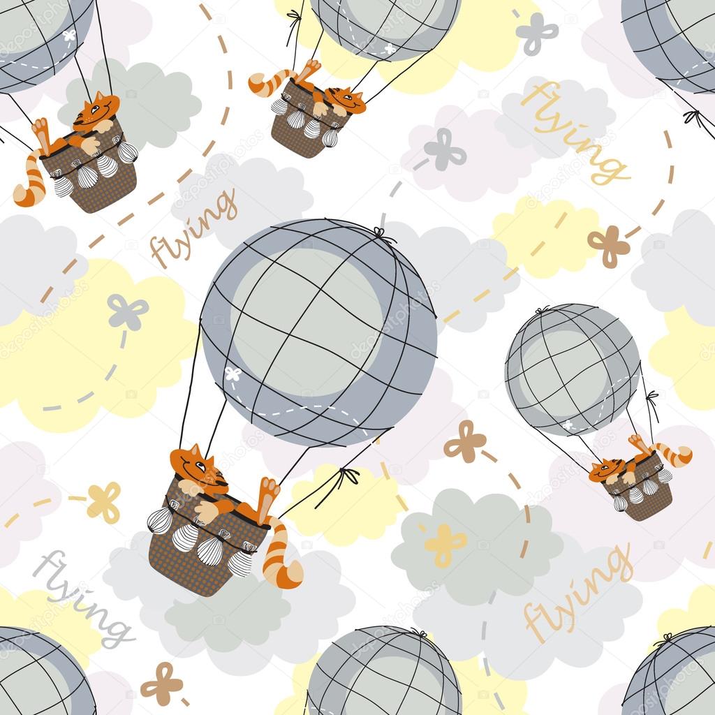 Cats flying on air balloon, seamless pattern