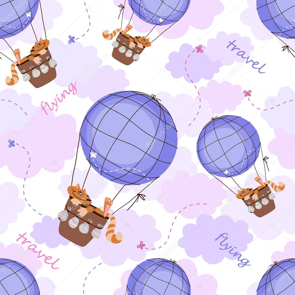 Cats flying on air balloon, seamless pattern