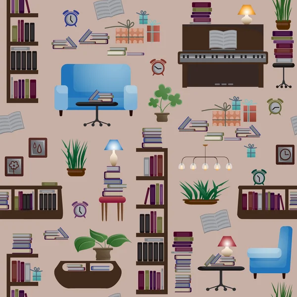 Seamless mönster med böcker och möbler — Stock vektor