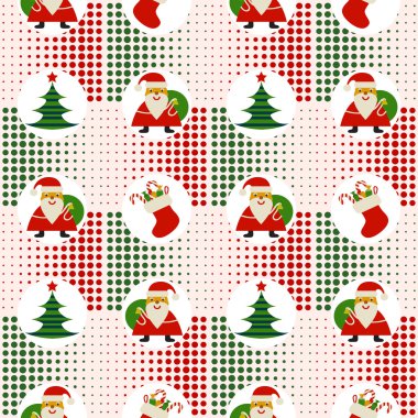 Noel Baba ve Noel ağaçları üzerinde arka plan piksel ile sorunsuz Noel kalıbı