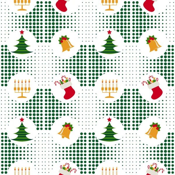 Бесшовный рождественский узор с рождественскими деревьями, колокольчиками, свечами и подарками на заднем плане пикселей — стоковый вектор