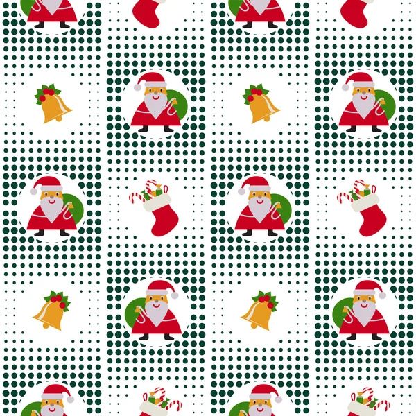 Naadloze Kerst patroon met Santa Claus, kerstbomen en verschillende geschenken op achtergrond Pixel — Stockvector