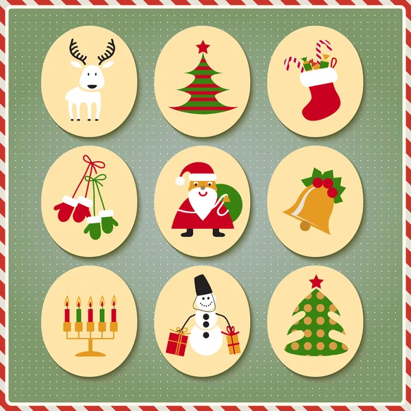 Christmas instellen Santa Claus, rendier, kousen, geschenken, kaarsen, kerstboom, sneeuwman, snoep — Stockvector