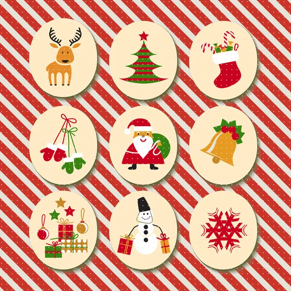 Kerstset Kerstman, rendieren, kousen, cadeaus, kaarsen, kerstboom, sneeuwpop, sneeuwvlok, snoep — Stockvector