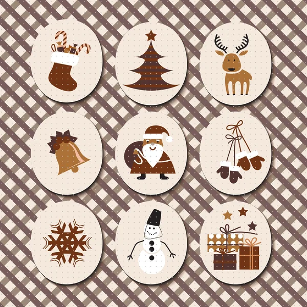 Kerstset Kerstman, rendieren, kousen, cadeaus, kaarsen, kerstboom, sneeuwpop, sneeuwvlok, snoep — Stockvector