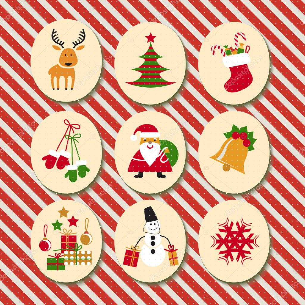 Christmas set Santa Claus, reindeer, stockings, gifts, candles, Christmas tree, snowman,snowflake, candy
