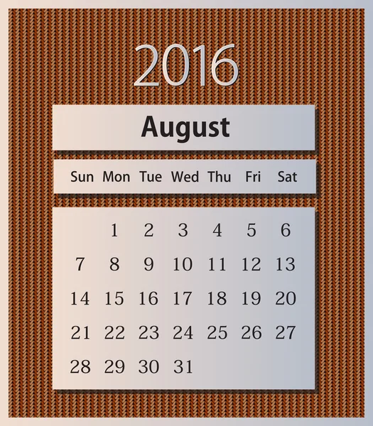 Provet kalender 2016 på stickade bakgrund vektor, augusti — Stock vektor