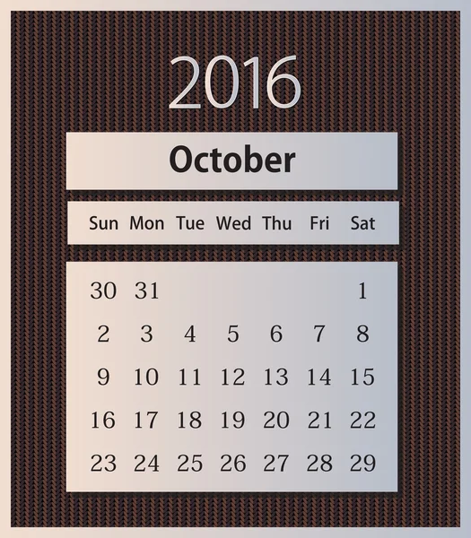 Sample calendar 2016 on knitted background vector, October — Stock Vector