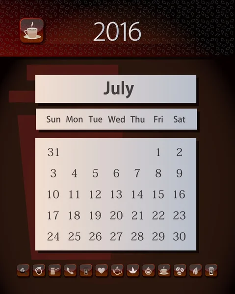 Mallen business calendar 2016 med design i te, kaffe och choklad färger, juli — Stock vektor
