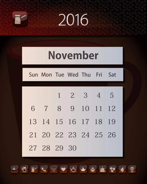 Mallen business calendar 2016 med design i te, kaffe och choklad färger, November — Stock vektor
