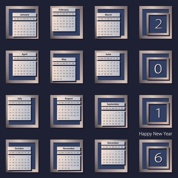 Calendar 2016 vector design template. Week starts Sunday. Eps 10