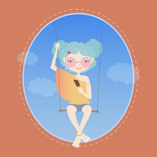 Girl swinging on a swing, and eating ice cream — Stock Vector