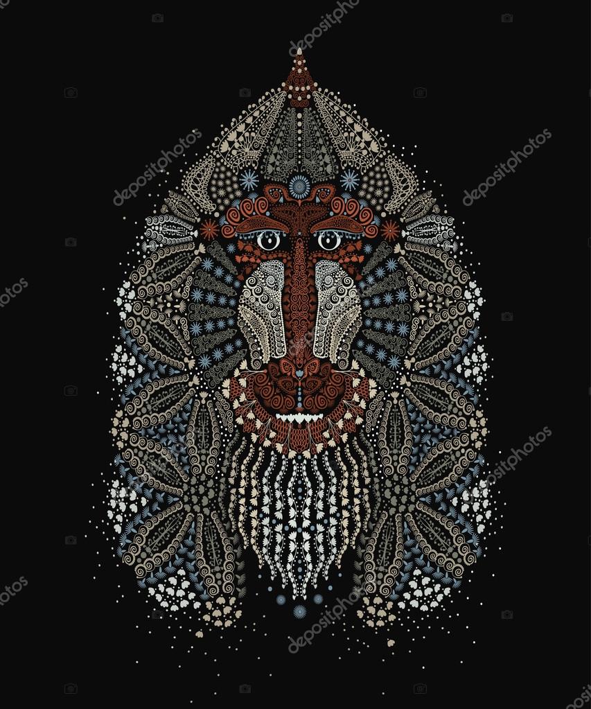 Vector illustration of a baboon hand-drawn style mehendi. The head of the animal with ethnic motifs. Sketch of tattoo prints on shirts, bags, or greeting card. Monkey symbol of the New 2016