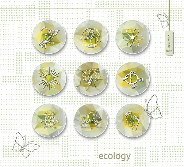 10 Ecologia icone piatte con ombra sullo sfondo dei poligoni sui pulsanti circolari — Vettoriale Stock